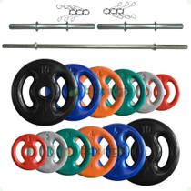 Kit 50 Kg de Anilhas Emborrachadas + Barras Maciças Zincada com Presilhas