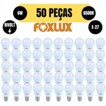 Kit 50 lampada led bulbo a60 6w e27 6500k branca bivolt foxlux