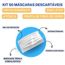 Kit 50 Máscaras Tripla Proteção + 100 Toucas Sanfonadas TNT + 100 Luvas Látex C/ Pó Branca - Bompack