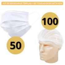 Kit 50 Máscaras Tripla Proteção + 100 Toucas Sanfonadas TNT + 100 Luvas Látex C/ Pó Branca - Bompack Kit 50 Máscaras Tripla Proteção + 100 Toucas Sanfonadas TNT + 100 Luvas Látex C/ Pó Branca - Bompack