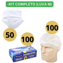 Kit 50 Máscaras Tripla Proteção + 100 Toucas Sanfonadas TNT + 100 Luvas Látex C/ Pó Branca - Bompack Kit 50 Máscaras Tripla Proteção + 100 Toucas Sanfonadas TNT + 100 Luvas Látex C/ Pó Branca - Bompack