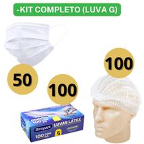 Kit 50 Máscaras Tripla Proteção + 100 Toucas Sanfonadas TNT + 100 Luvas Látex C/ Pó Branca - Bompack Kit 50 Máscaras Tripla Proteção + 100 Toucas Sanfonadas TNT + 100 Luvas Látex C/ Pó Branca - Bompack