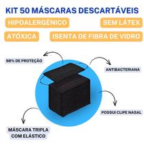 Kit 50 Máscaras Tripla Proteção Antibactéria + 100 Luvas Pretas Nitrílica ou Vinilflex Estética