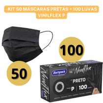 Kit 50 Máscaras Tripla Proteção Antibactéria + 100 Luvas Pretas Nitrílica ou Vinilflex Estética