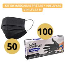 Kit 50 Máscaras Tripla Proteção Antibactéria + 100 Luvas Pretas Nitrílica ou Vinilflex Estética Kit 50 Máscaras Tripla Proteção Antibactéria + 100 Luvas Pretas Nitrílica ou Vinilflex Estética