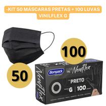 Kit 50 Máscaras Tripla Proteção Antibactéria + 100 Luvas Pretas Nitrílica ou Vinilflex Estética