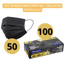 Kit 50 Máscaras Tripla Proteção Antibactéria + 100 Luvas Pretas Nitrílica ou Vinilflex Estética