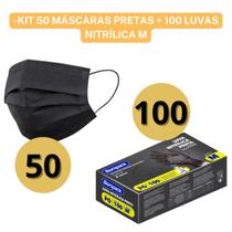 Kit 50 Máscaras Tripla Proteção Antibactéria + 100 Luvas Pretas Nitrílica ou Vinilflex Estética