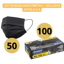 Kit 50 Máscaras Tripla Proteção Antibactéria + 100 Luvas Pretas Nitrílica ou Vinilflex Estética