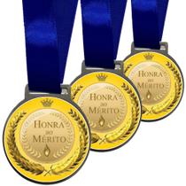 Kit 50 Medalhas, Medalha Honra ao Mérito para Premiação Adesivada, 50mm, com Fita de Cetim Azul
