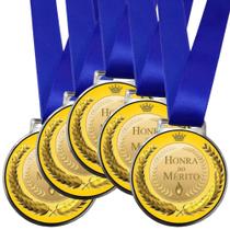 Kit 50 Medalhas, Medalha Honra ao Mérito para Premiação Adesivada, 50mm, com Fita de Cetim Azul