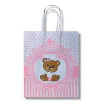 Kit 50 Sacolas Ursinho Rosa 17,5x8,5x21,5cm Embalagem Presente