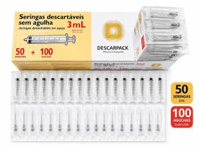 Kit 50 Seringas 3mL 100 Agulhas Descartáveis Estéreis Luer Lock
