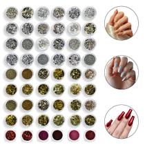 Kit 54 Glitter Pó Cromo Decorar Unhas Dourado Prata Vermelho Nail Designer Nail Art Manicure Decoração de Unhas