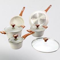 Kit 5pçs Caçarolas 16 20 24cm Frigideiras 24 32cm Temperatti Soft Touch com Tampas de Vidro - Cor: Bianco