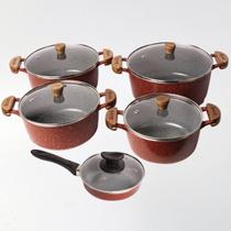 Kit 5pçs Caçarolas 18a24cm Frigideira 16cm Mescla Cerâmico Alças Madeira com Tampas de Vidro - Cor: Vermelho com Cinza