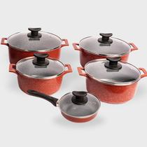 Kit 5pçs Caçarolas 18a24cm Frigideira 16cm Mescla Cerâmico Forno e Fogão com Tampas de Vidro - Cor: Vermelho com Cinza