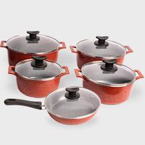 Kit 5pçs Caçarolas 18a24cm Frigideira 24cm Mescla Cerâmico Forno e Fogão com Tampas de Vidro - Cor: Vermelho com Cinza
