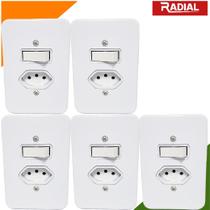 Kit 5un Tomada 10A Com Apagador Interruptor Simples Radial