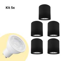 Kit 5x Spot Sobrepor Preto 2290 Direcionável Redondo + Lâmpada