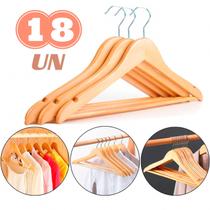 Kit 6 - 12 - 18 Cabides Madeira Gancho Cromado Marfim Com Verniz Armário