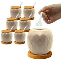 Kit 6 Açucareiro Saleiro De Cerâmica Com Tampa De Bambu E Colher 350ml
