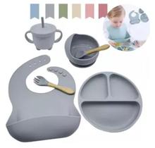 Kit 6 Alimentação Bebê Silicone Prato Babador Copo Tigela