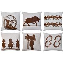 Kit 6 Almofadas De Linho Couro Cavalaria Boi Country 50x50 Kit 6 Almofadas De Linho Couro Cavalaria Boi Country 50x50