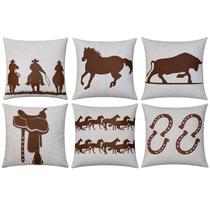 Kit 6 Almofadas Linho Aplique Couro Cavalo Boi Country 50x50 Kit 6 Almofadas Linho Aplique Couro Cavalo Boi Country 50x50
