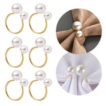 Kit 6 Anel Porta Guardanapo de Tecido Pano Prendedor Argola Pérola Mesa Posta Jantar Dourado