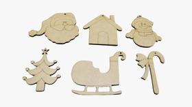 Kit 6 Apliques Natalinos em MDF Cru 3mm, Decoração de Árvore de Natal, Artesanato, Natural