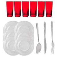 Kit 6 Bali Vermelho 6 Pratos Acqua Fundo 18 Talheres