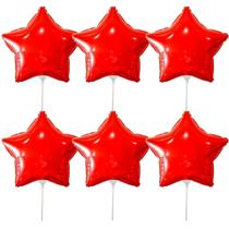 Kit 6 Balões Metalizado Estrela Vermelho 20cm C/ Canudo 15cm