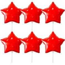 Kit 6 Balões Metalizado Estrela Vermelho 20cm C/ Canudo 15cm