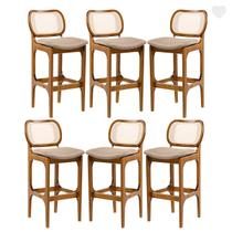 Kit 6 Banquetas Alta em Madeira Decor Encosto Rattan Estofada Linho Marrom L87 RMI