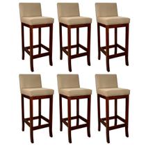 Kit 6 Banquetas Alta Estofada em Madeira Maciça Castanho Melody Suede Bege
