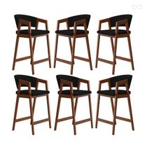 Kit 6 Banquetas Alta para Cozinha Ravena em Madeira Maciça Pinhão Suede Preto CCS