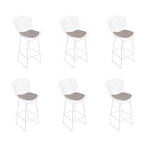 Kit 6 Banquetas Bistrô Bertoia Branca D70 com Assento Bege