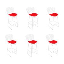 Kit 6 Banquetas Bistrô Bertoia Branca D70 com Assento Vermelho