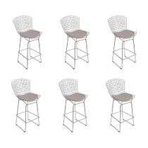 Kit 6 Banquetas Bistrô Bertoia Cromada D70 com Assento Sintético Bege