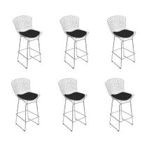 Kit 6 Banquetas Bistrô Bertoia Cromada D80 com Assento Sintético Preto