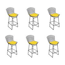 Kit 6 Banquetas Bistrô Bertoia Preta D70 com Assento Amarelo