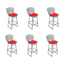 Kit 6 Banquetas Bistrô Bertoia Preta D70 com Assento Vermelho