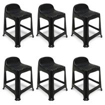 Kit 6 Banquetas de Plástico Banquinho Com Encosto Preto Empilhável