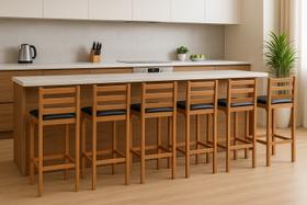 Kit 6 Banquetas Luxo Alta Bar Pés Madeira Moderna Assento Estofado Paris