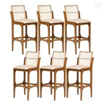 Kit 6 Banquetas para Área Gourmet Lisboa Encosto Rattan Madeira Imbuia Linho Bege M58 RMI Kit 6 Banquetas para Área Gourmet Lisboa Encosto Rattan Madeira Imbuia Linho Bege M58 RMI