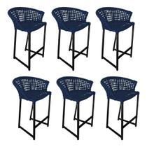 Kit 6 Banquetas Reis Em Corda Náutica E Base Em Alumínio Preta Para área Gourmet Azul Marinho Azul