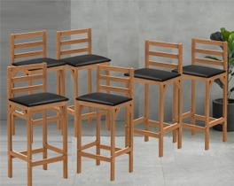 Kit 6 Banquetas Rústica Alta em Madeira com Encosto Estofado Preto para Cozinha e Bar