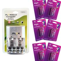 Kit 6 Bateria Recarregáv 9v + Carreg Bateria Pilha Aa/aaa/9v Auto Stop