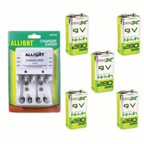 Kit 6 Bateria Recarregáv 9v + Carreg Bateria Pilha Aa/aaa/9v